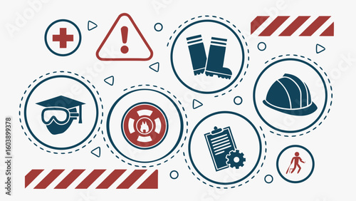 Vector Illustration of Safety Equipment and Hazard Symbols for Workplace Safety Precautions and Emergency Protocols in Industrial and Construction Environments
