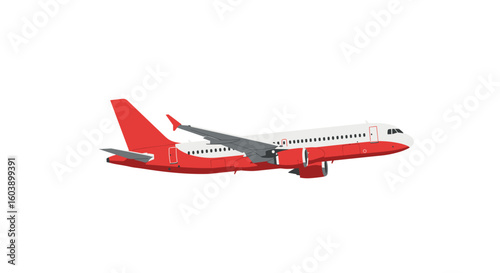 Flat design airplane illustration showing red and white passenger jet
