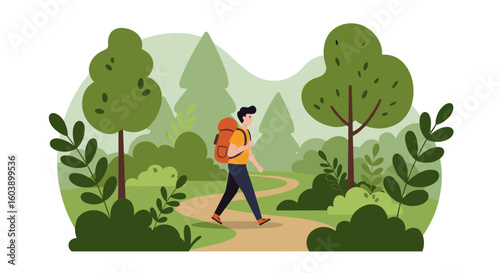 Hiking adventure in a lush forest landscape with backpacker on scenic