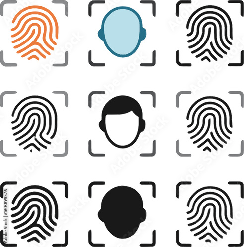 biometric authentication icons with fingerprint scan and face recognition in flat tech style
