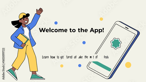 Vibrant welcoming app introduction featuring diverse illustration of a cheerful young person with digital device for user engagement and inviting interface design to enhance onboarding experience