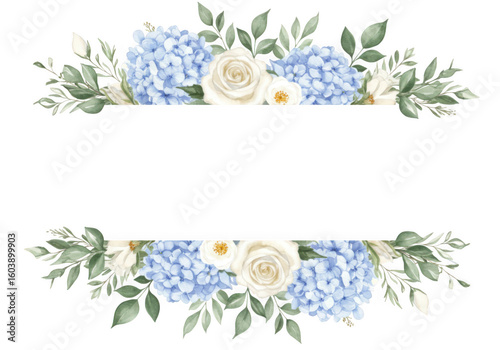 Watercolor floral frame with blue hydrangeas and white roses ideal for invitations and greeting cards isolated on transparent background