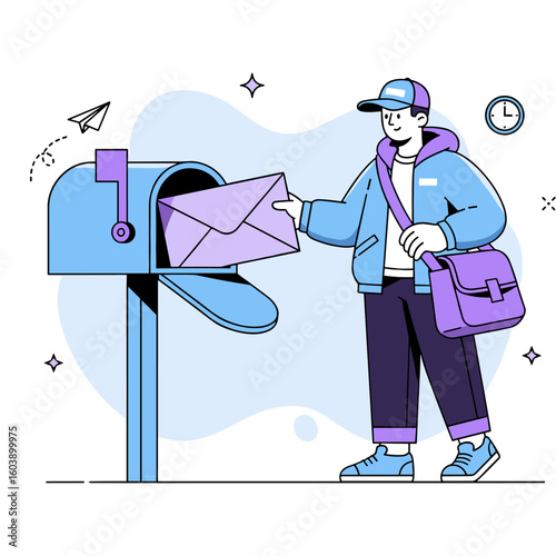 Flat Vector Illustration of a Postman Delivering Letter to Mailbox