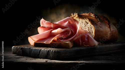 A large piece of cured ham, partially covered in a white mold and spices, alongside a slice of bread topped with delicate ham slices and a sprig of rosemary, all bathed in a beam of light.