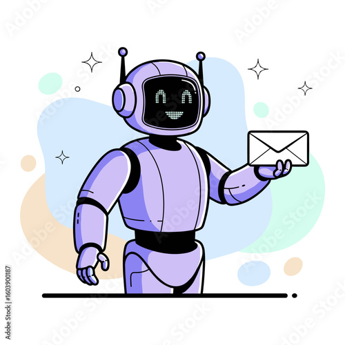 A friendly AI chatbot character holding a message envelope. This cute AI robot illustrates automated communication, digital mail, and tech support.