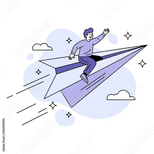 A creative man on a journey of ambition, launching a successful business concept by flying on a paper airplane towards growth.