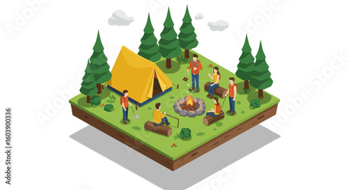 Isometric camping scene with people around campfire in forest setting