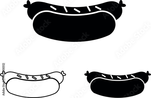 Hot dog icons black white sausage sandwich set
