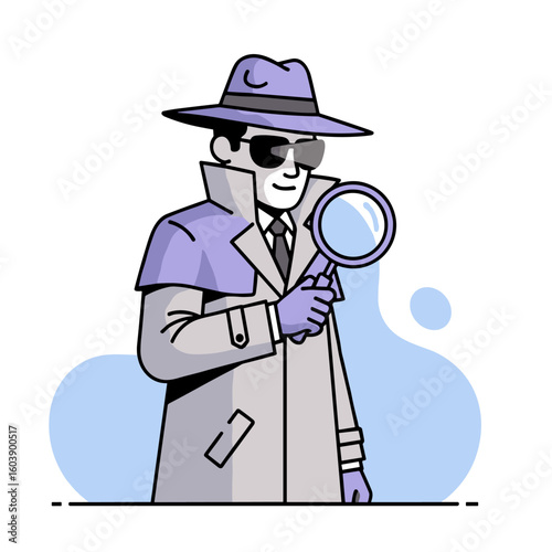 A focused professional investigator, clad in classic attire, meticulously examining clues with a magnifying glass for insightful discovery and analysis.