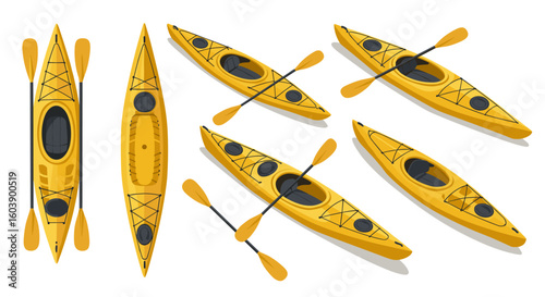 Yellow canoe and paddle set in various angles on white background