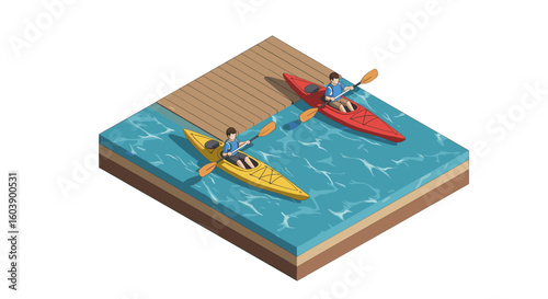 Isometric kayaking scene with two people in colorful canoes by a woode