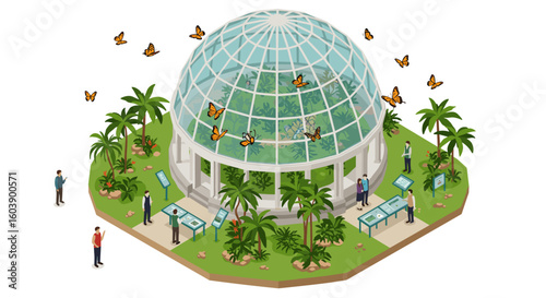 Tropical conservatory with butterflies and visitors in isometric style