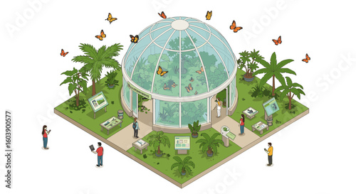 Isometric botanical butterfly conservatory with interactive exhibits