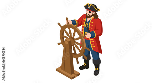 Pirate steering ship wheel in isometric style with traditional attire