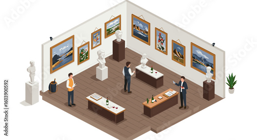 Isometric art gallery interior with sculptures and paintings