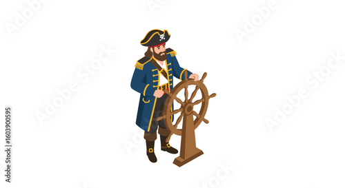 Pirate steering ship in isometric style with captain hat and ship whee