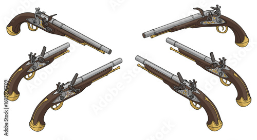 Vintage flintlock pistols set in isometric style