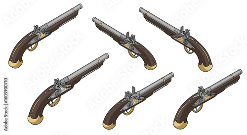 Six detailed vintage flintlock pistols in isometric style