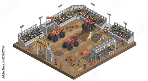 Monster truck arena with jumps and spectators in isometric view