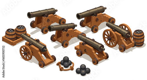 Isometric retro cannons and accessories collection for game design