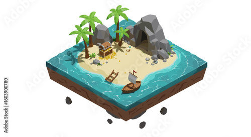 Isometric tropical island with palm trees, treasure chest and sailboat