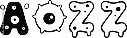 Vector art of playful cartoon monster letters a o z z in black and white illustration isolated on transparent background.