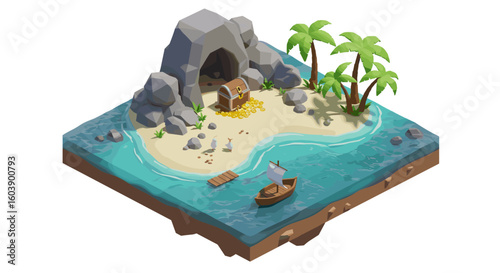 Tropical island treasure scene with palm trees, ship, and cave in isom