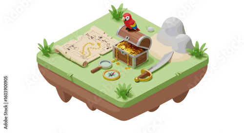 Isometric pirate adventure island with treasure chest parrot and map