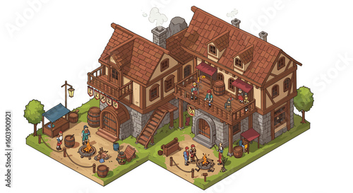 Charming medieval tavern scene in isometric style with rustic architec