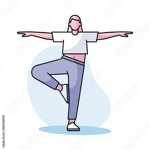 Stylized illustration of a person practicing yoga in a balanced tree pose, promoting a healthy lifestyle and physical wellness through mindful movement.