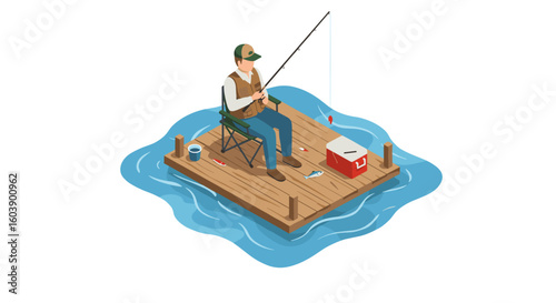 Isometric scene of a person fishing on a raft with fishing gear