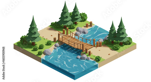Isometric forest landscape with bridge and river