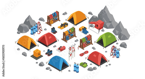 Isometric camping equipment set: tents, backpacks, gear, and mountains