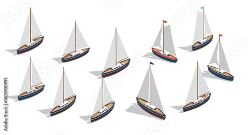 Isometric sailboats with white sails and colorful hull designs
