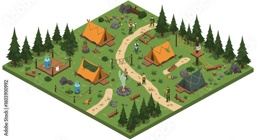 Isometric camping scene with tents, campfire, and pine trees in a fore