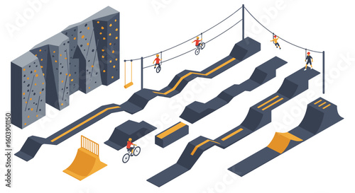 Isometric adventure park with climbing wall and bmx track