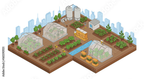 Urban farming isometric illustration: sustainable city agriculture con