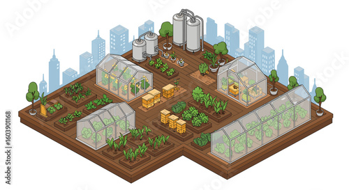 Isometric urban farming: sustainable greenhouse and hydroponic systems