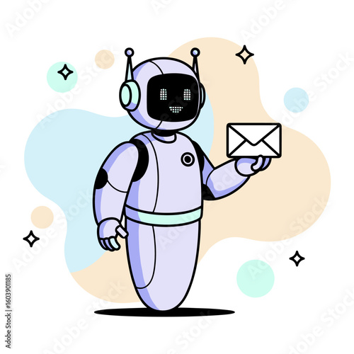 A friendly AI robot character holding a mail envelope, illustrating modern digital communication and automated messaging technology concepts.