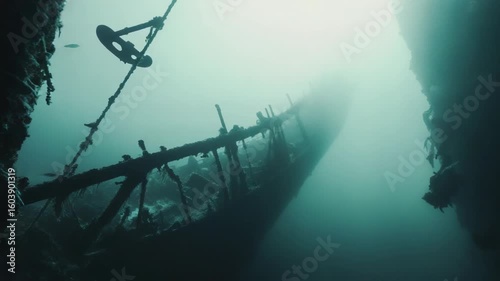Mysterious underwater shipwreck surrounded by haunting shadows.