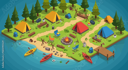 Isometric camping scene with tents and canoes by a forest lake