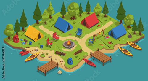 Flat illustrated island campground with tents and canoes in a forest s