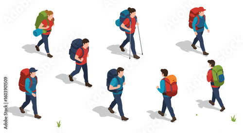 Isometric hiking adventure: diverse walkers with backpacks in outdoor