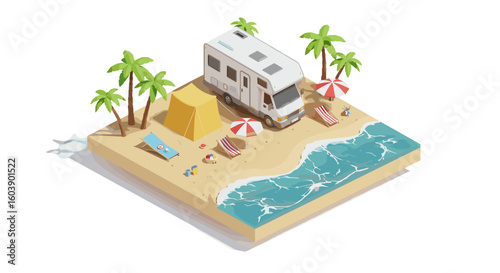 Isometric beach camping scene with camper van and palm trees