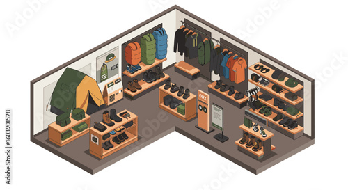 Isometric outdoor gear store interior with apparel, footwear, and camp