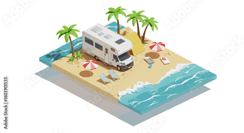 Isometric beach scene with camper and palm trees