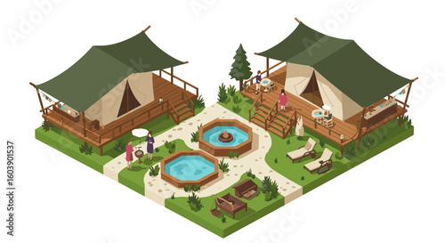 Glamping retreat with tents and amenities in isometric design