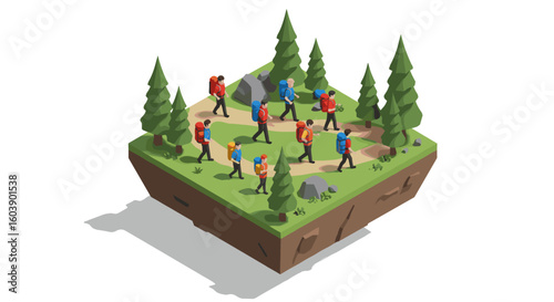 Isometric hiking adventure in forest with backpackers on trail