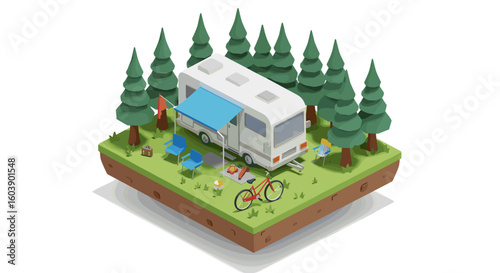 Cozy camping scene with rv surrounded by pine trees and outdoor gear i