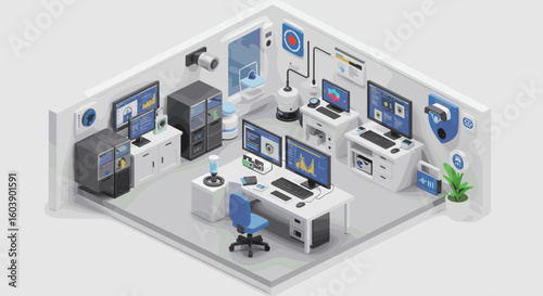 Modern isometric cybersecurity office with advanced technology and dig